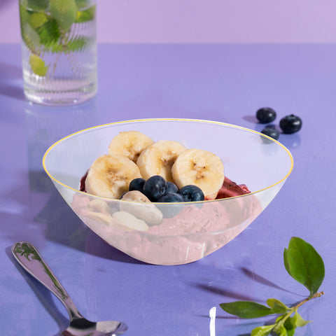 Clear with Gold Rim Organic Round Plastic Bowls (32 oz.)
