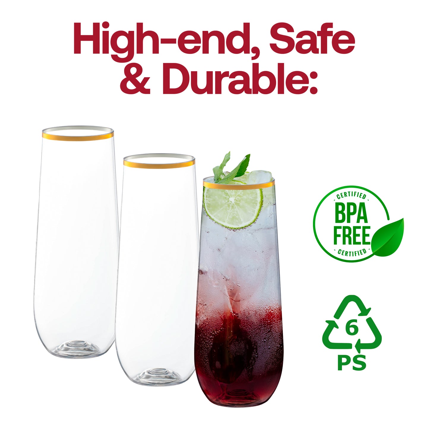 9 oz. Clear with Gold Stemless Disposable Plastic Champagne Flutes