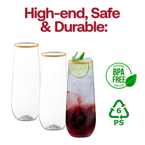 9 oz. Clear with Gold Stemless Disposable Plastic Champagne Flutes