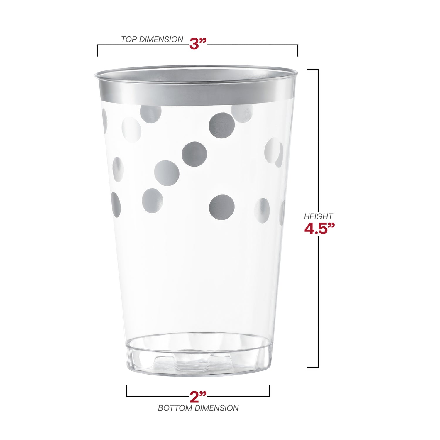 12 oz. Clear with Silver Dots Round Disposable Plastic Tumblers Dimension | The Kaya Collection