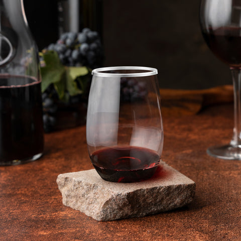 12 oz. Clear with Silver Stemless Disposable Plastic Wine Glasses