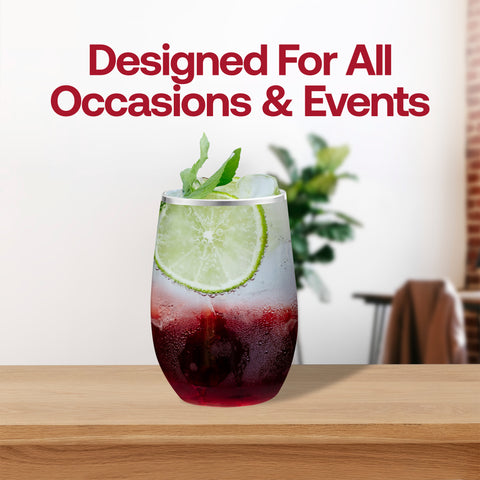 12 oz. Clear with Silver Elegant Stemless Plastic Wine Glasses Lifestyle | The Kaya Collection