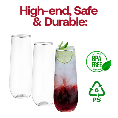 9 oz. Clear with Silver Stemless Plastic Champagne Flutes BPA | The Kaya Collection