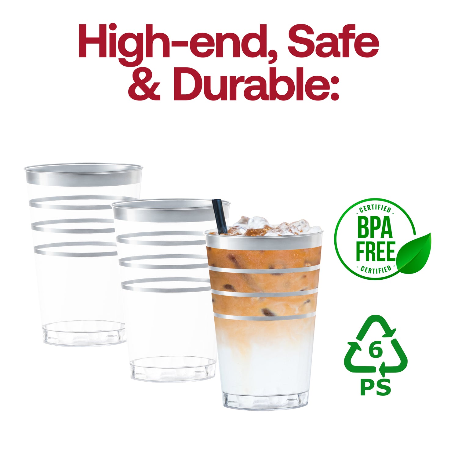 12 oz. Clear with Silver Stripes Round Disposable Plastic Tumblers BPA  | The Kaya Collection
