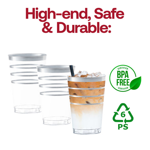 12 oz. Clear with Silver Stripes Round Disposable Plastic Tumblers BPA  | The Kaya Collection
