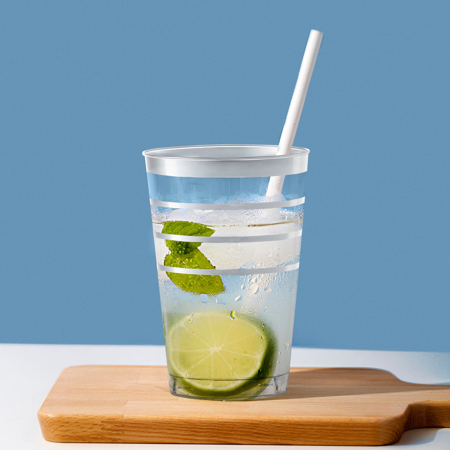 12 oz. Clear with Silver Stripes Round Plastic Tumblers