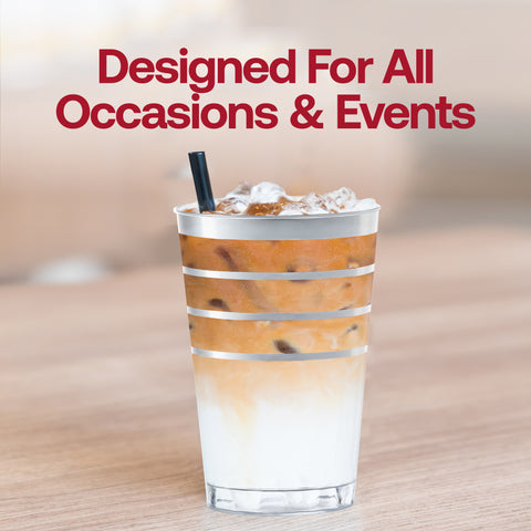 12 oz. Clear with Silver Stripes Round Disposable Plastic Tumblers Lifestyle  | The Kaya Collection