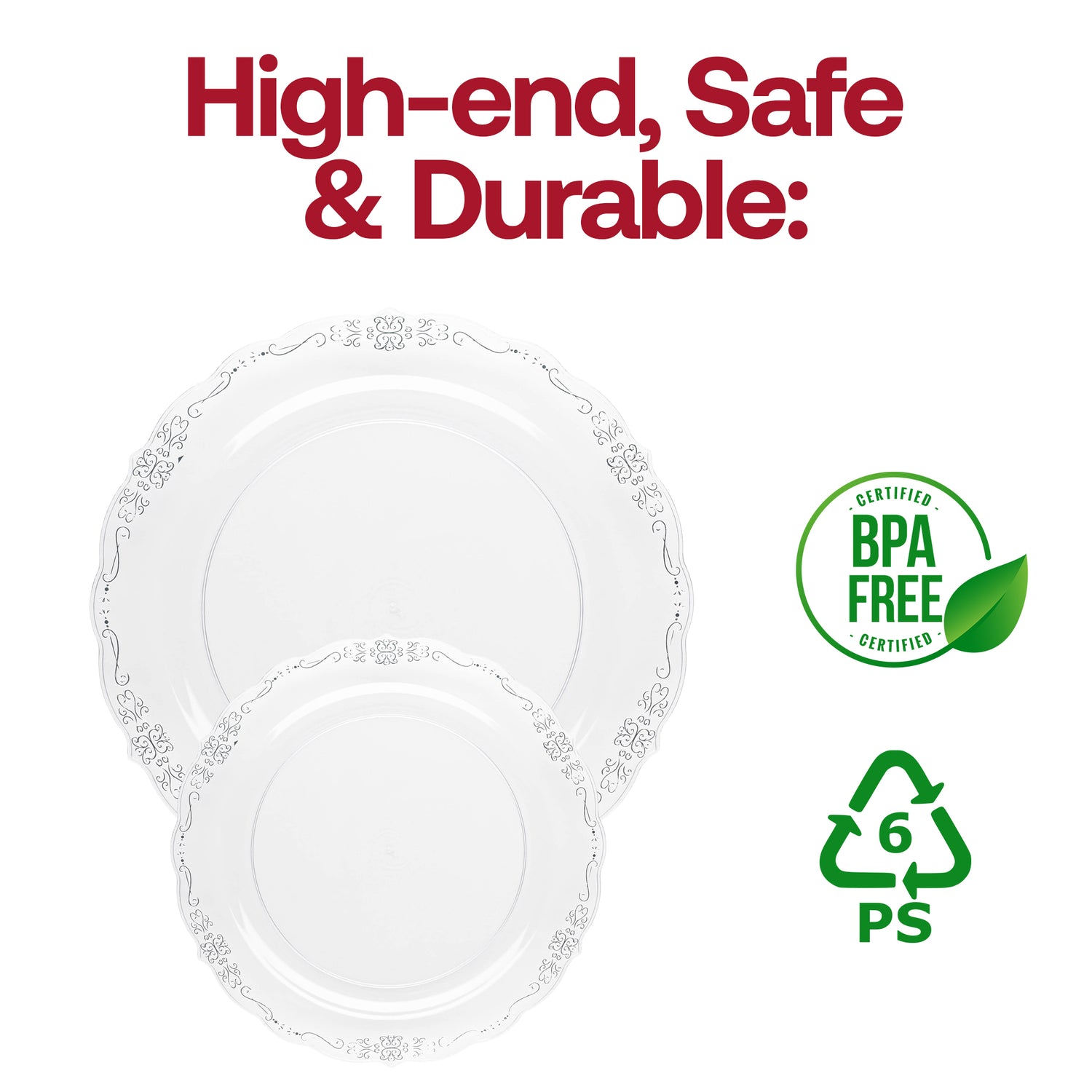 Clear with Silver Vintage Rim Round Disposable Plastic Appetizer/Salad Plates (7.5") BPA | The Kaya Collection