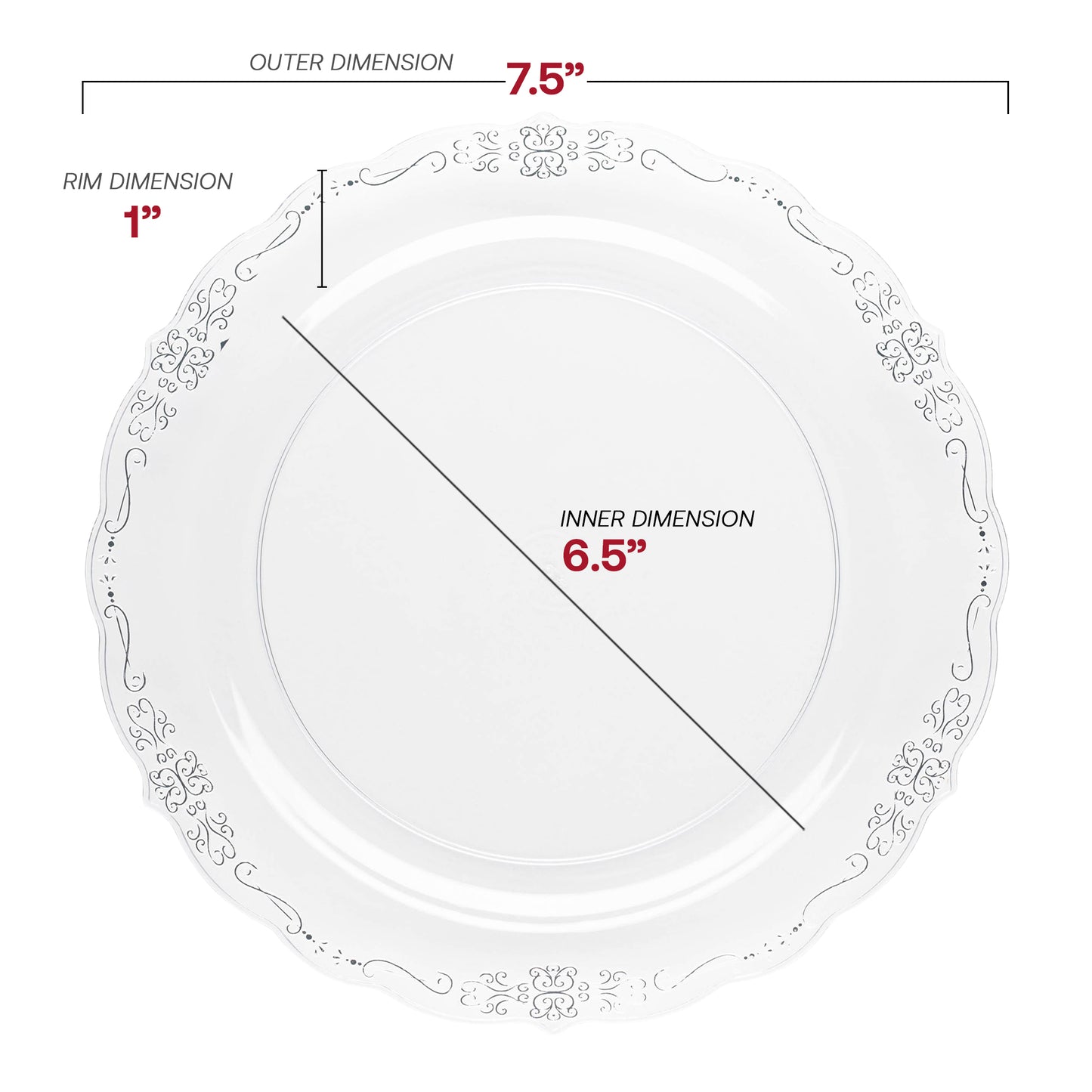 Clear with Silver Vintage Rim Round Disposable Plastic Appetizer/Salad Plates (7.5") Dimension | The Kaya Collection
