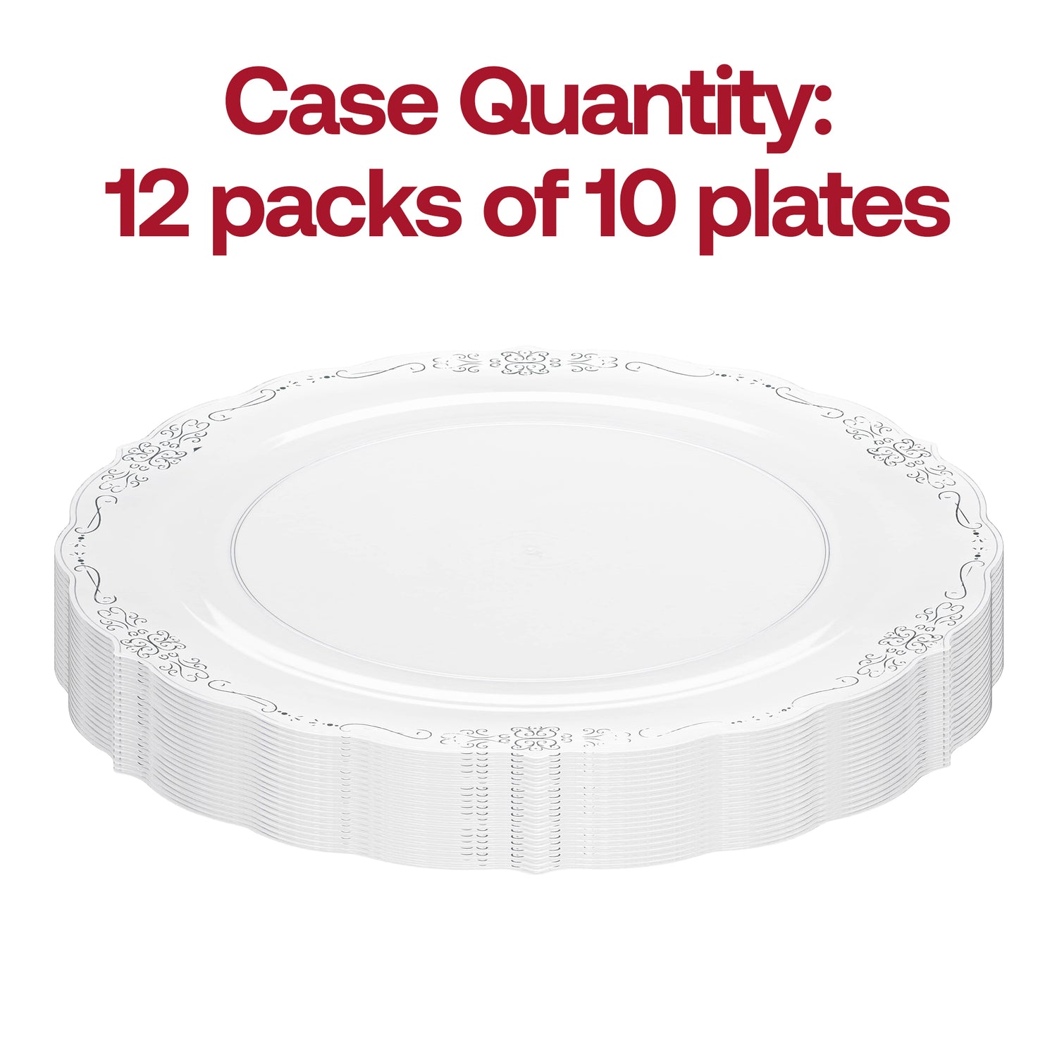 Clear with Silver Vintage Rim Round Disposable Plastic Appetizer/Salad Plates (7.5") Quantity | The Kaya Collection