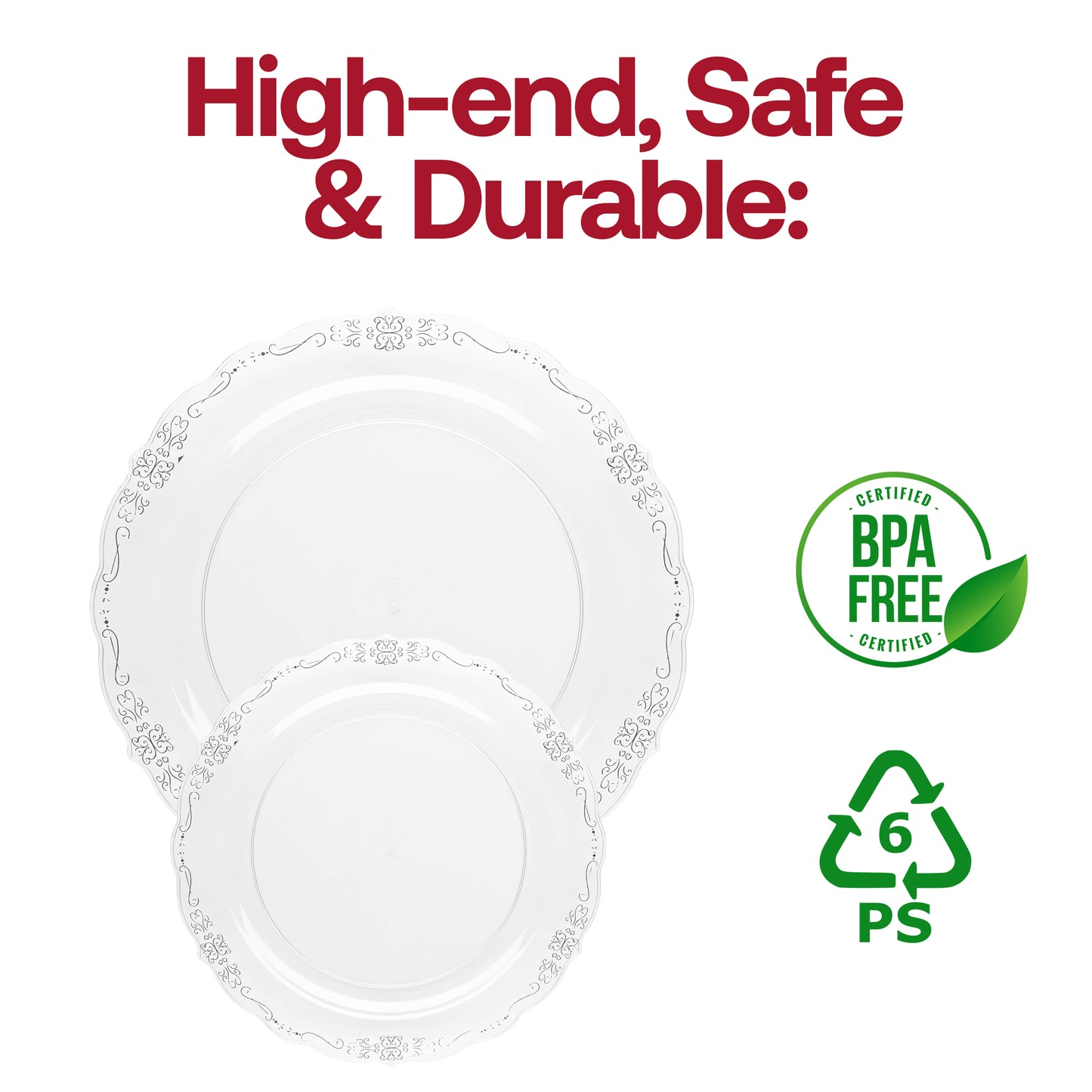 Clear with Silver Vintage Rim Round Disposable Plastic Dinner Plates (10") BPA | The Kaya Collection
