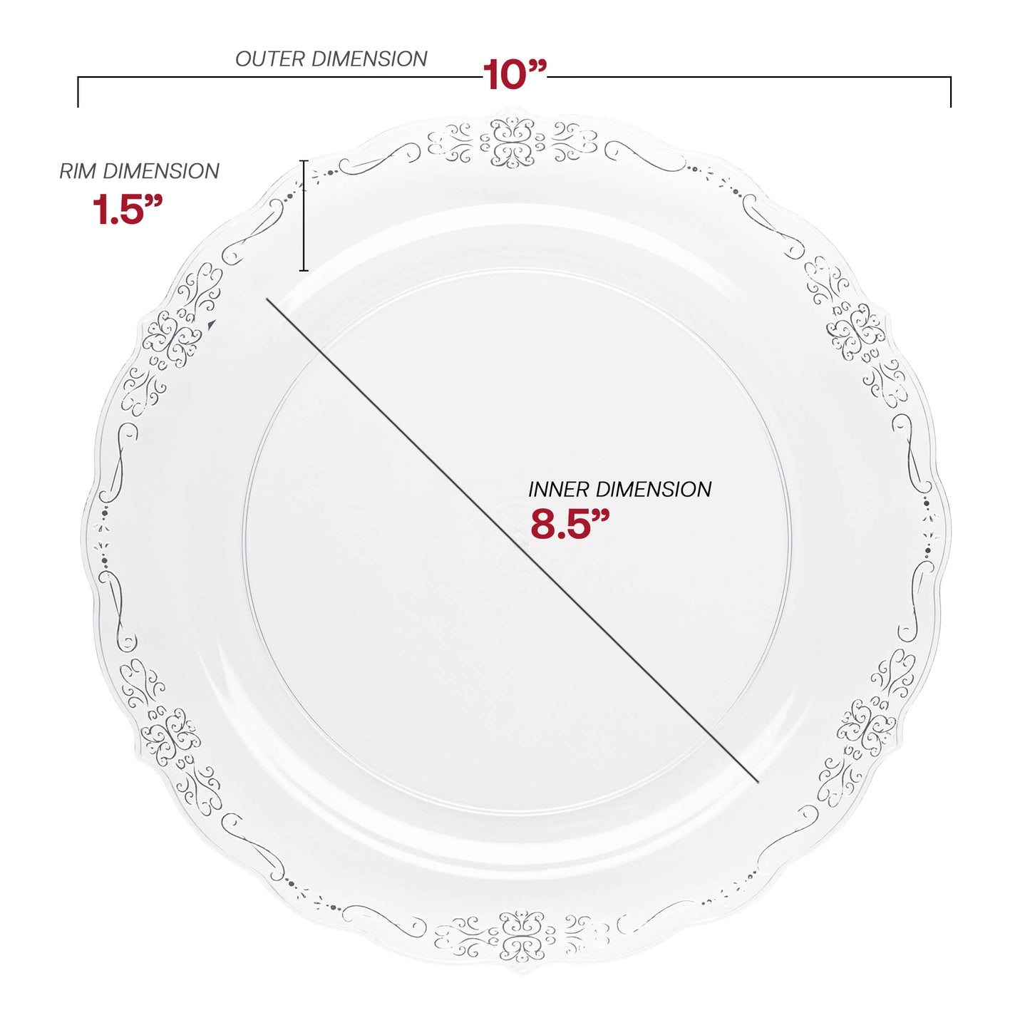 Clear with Silver Vintage Rim Round Disposable Plastic Dinner Plates (10") Dimension | The Kaya Collection
