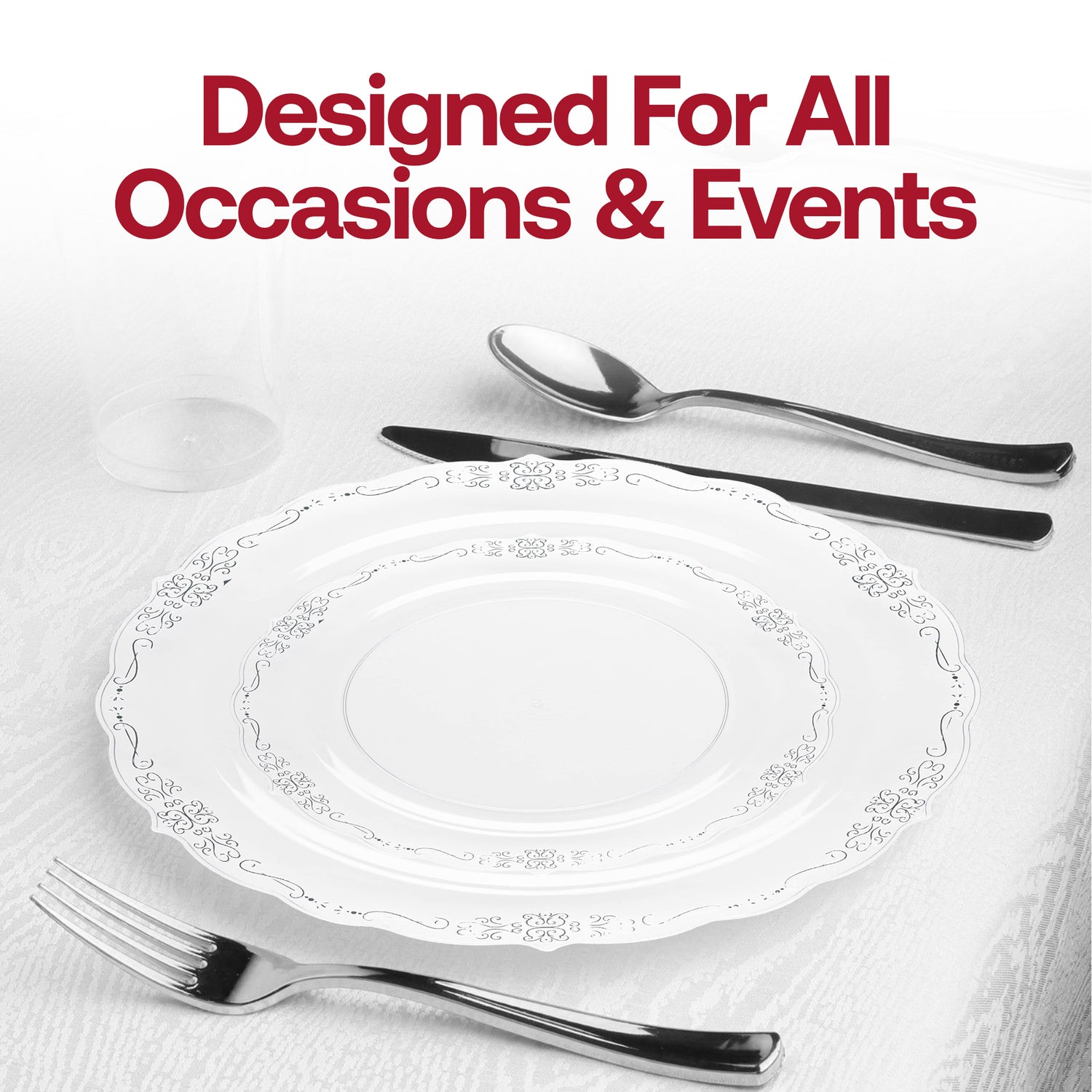 Clear with Silver Vintage Rim Round Disposable Plastic Dinner Plates (10") Lifestyle | The Kaya Collection