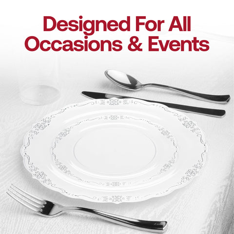 Clear with Silver Vintage Rim Round Disposable Plastic Dinner Plates (10