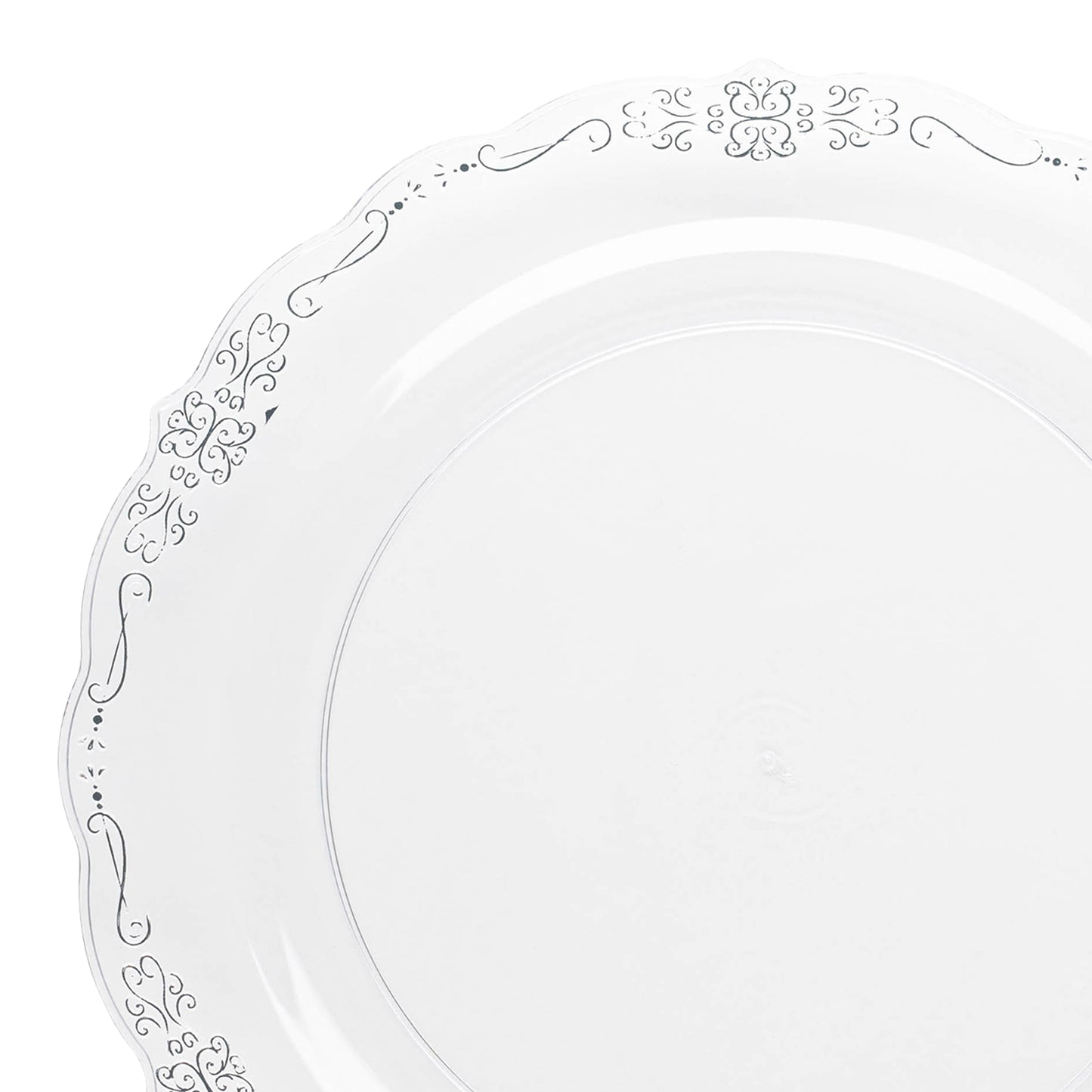 Clear with Silver Vintage Rim Round Disposable Plastic Dinner Plates (10") | The Kaya Collection
