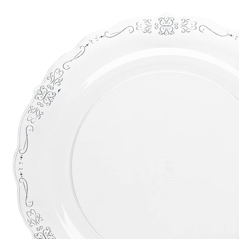 Clear with Silver Vintage Rim Round Disposable Plastic Dinner Plates (10