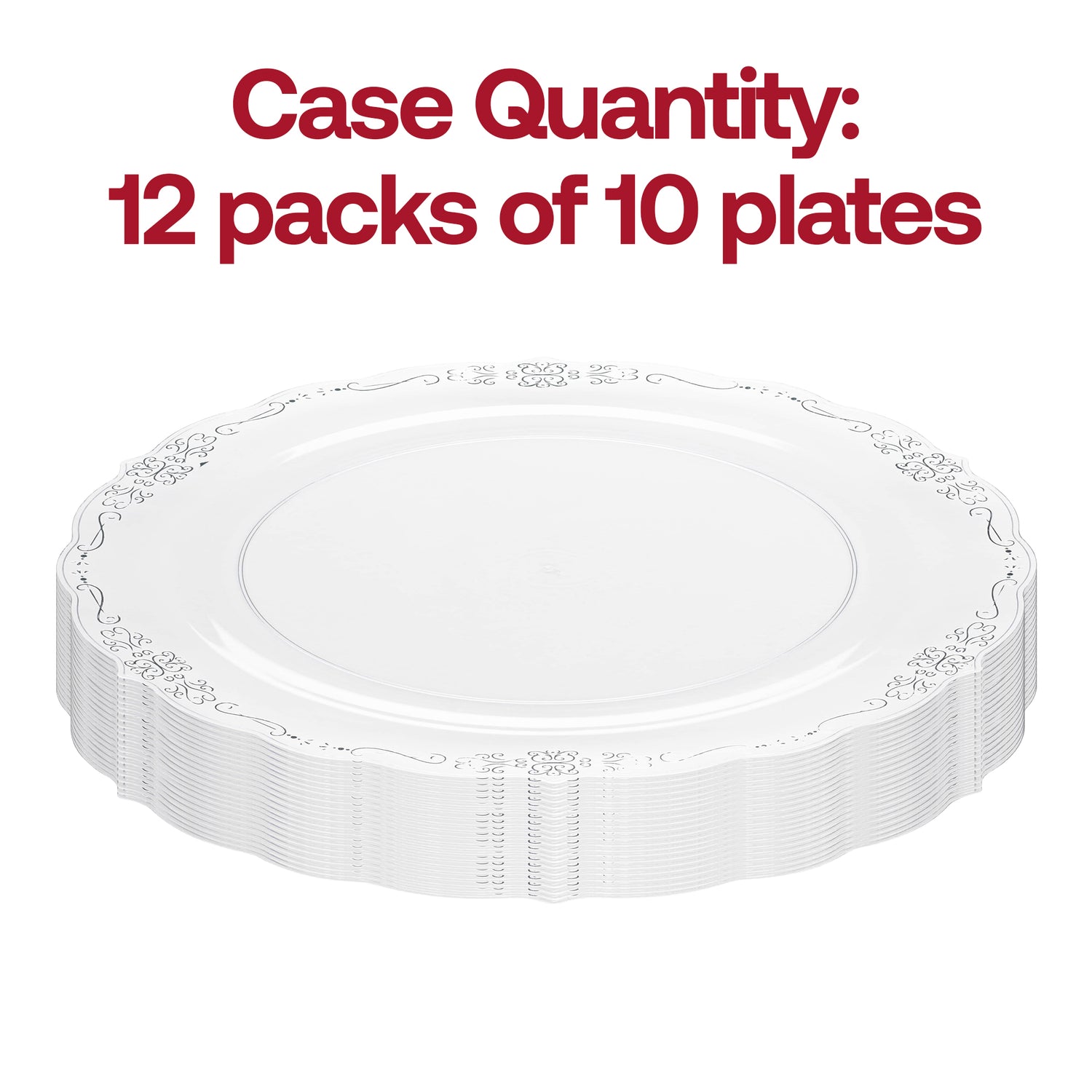 Clear with Silver Vintage Rim Round Disposable Plastic Dinner Plates (10") Quantity | The Kaya Collection