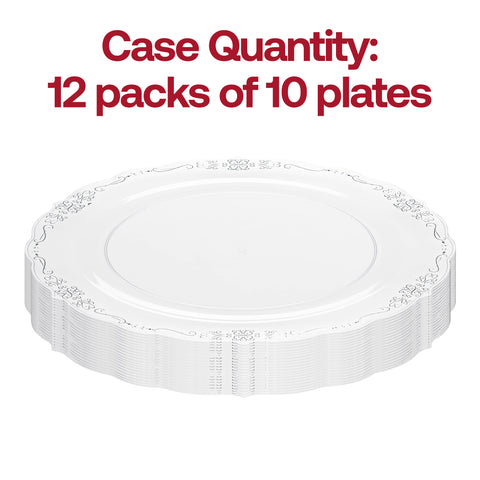 Clear with Silver Vintage Rim Round Disposable Plastic Dinner Plates (10