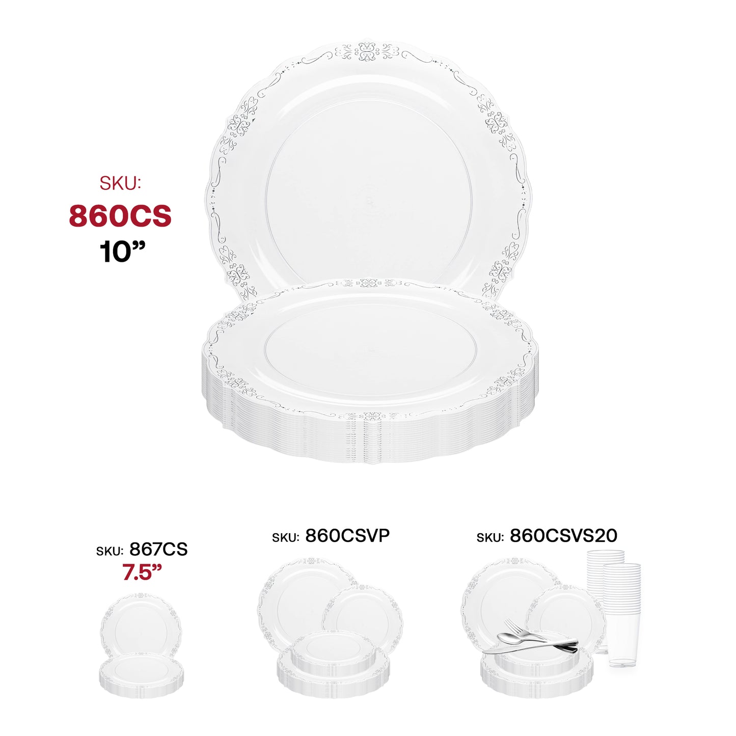 Clear with Silver Vintage Rim Round Disposable Plastic Dinner Plates (10") SKU | The Kaya Collection