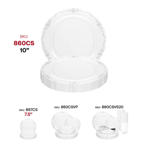 Clear with Silver Vintage Rim Round Disposable Plastic Dinner Plates (10