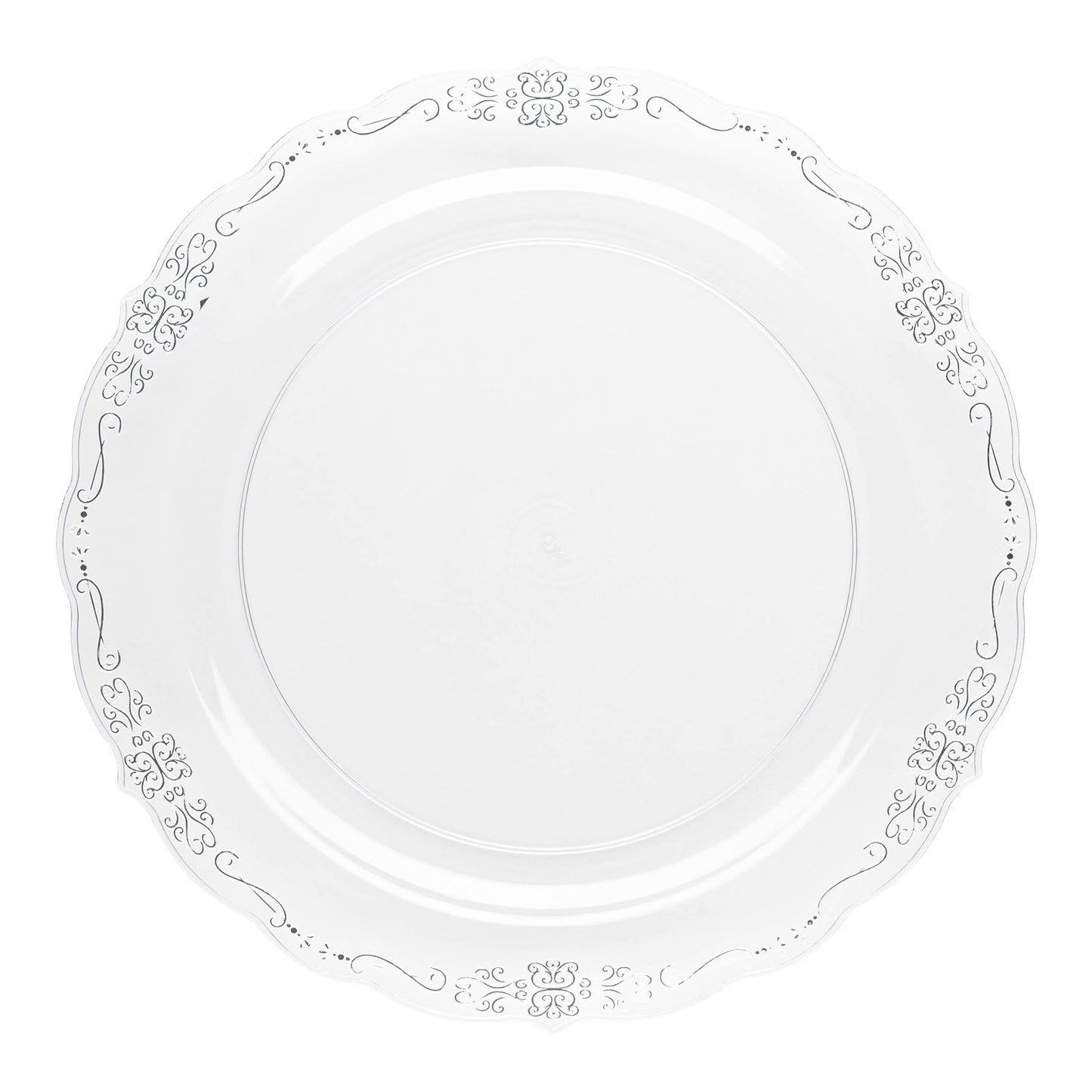 Clear with Silver Vintage Rim Round Disposable Plastic Dinner Plates (10") | The Kaya Collection