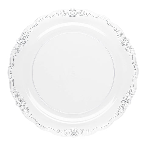 Clear with Silver Vintage Rim Round Disposable Plastic Dinner Plates (10