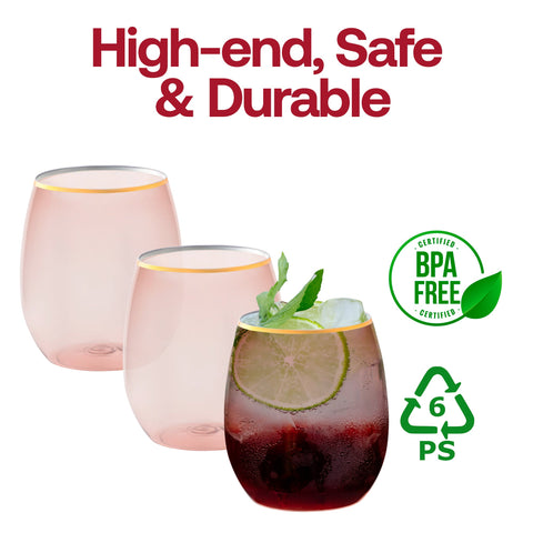 12 oz Clear Pink with Gold Elegant Stemless Plastic Wine Glasses