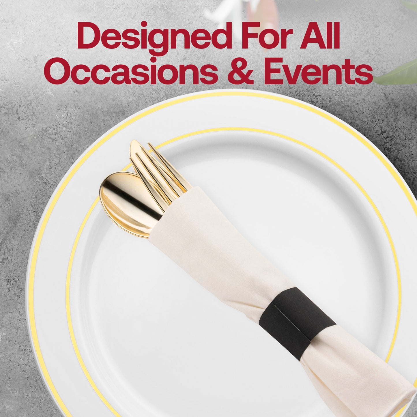 Gold Disposable Plastic Cutlery in White Napkin Rolls Set - 10 Napkins, 10 Forks, 10 Knives, 10 Spoons and 10 Paper Rings