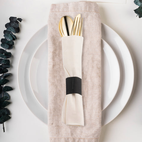 Gold Disposable Plastic Cutlery in White Napkin Rolls Set - 10 Napkins, 10 Forks, 10 Knives, 10 Spoons and 10 Paper Rings