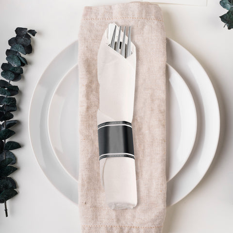 Silver Disposable Plastic Cutlery in White Napkin Rolls Set - 10 Napkins, 10 Forks, 10 Knives, 10 Spoons and 10 Paper Rings