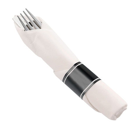 Silver Disposable Plastic Cutlery in White Napkin Rolls Set - 10 Napkins, 10 Forks, 10 Knives, 10 Spoons and 10 Paper Rings