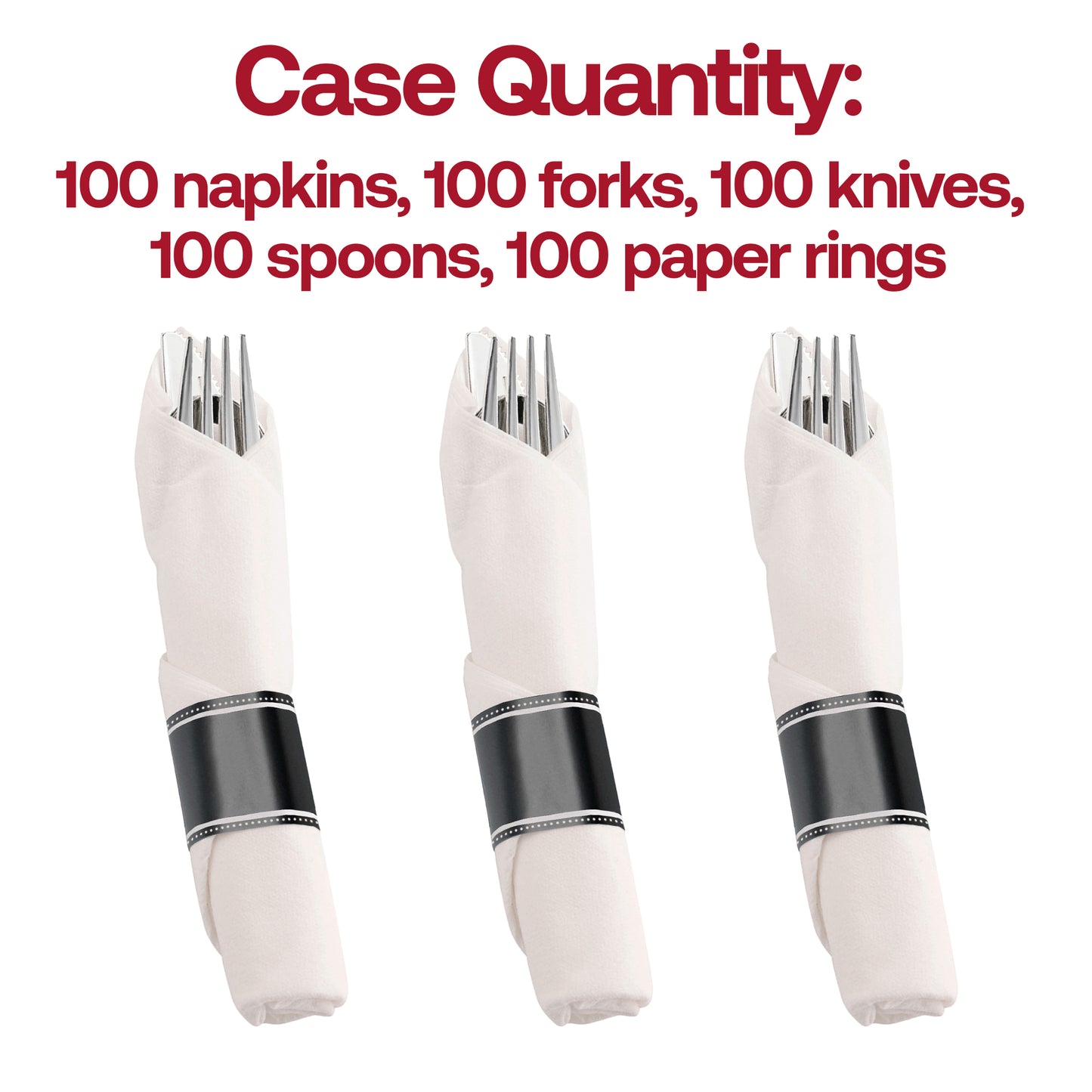 Silver Disposable Plastic Cutlery in White Napkin Rolls Set - 10 Napkins, 10 Forks, 10 Knives, 10 Spoons and 10 Paper Rings