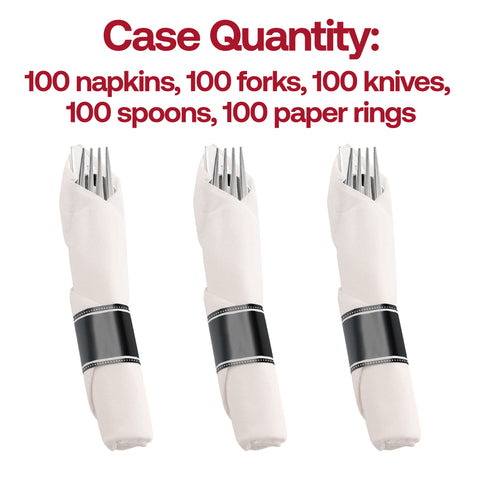 Silver Disposable Plastic Cutlery in White Napkin Rolls Set - 10 Napkins, 10 Forks, 10 Knives, 10 Spoons and 10 Paper Rings