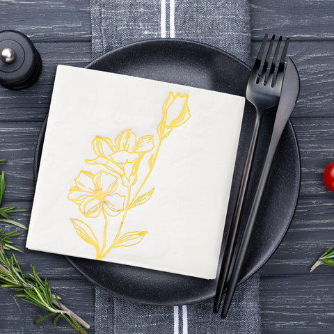 White with Gold Antique Floral Disposable Paper Beverage/Cocktail Napkins