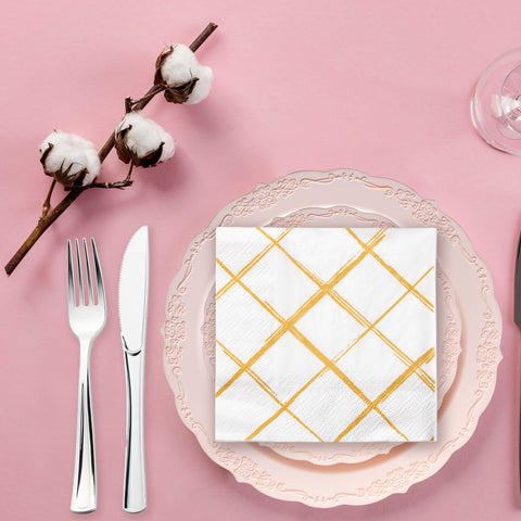 White with Gold Diamond Disposable Paper Beverage/Cocktail Napkins