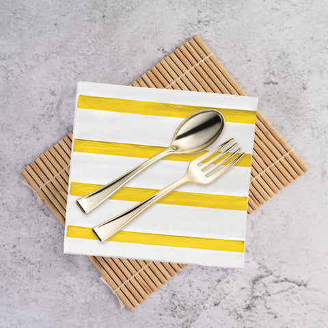 White with Gold Stripes Disposable Paper Beverage/Cocktail Napkins