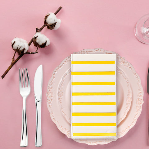 White with Gold Stripes Disposable Paper Dinner Napkins