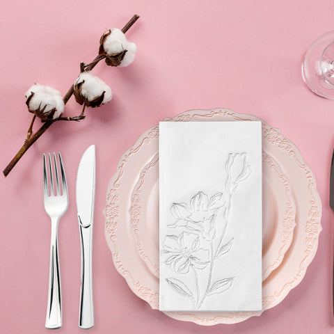 White with Silver Antique Floral Disposable Paper Dinner Napkins