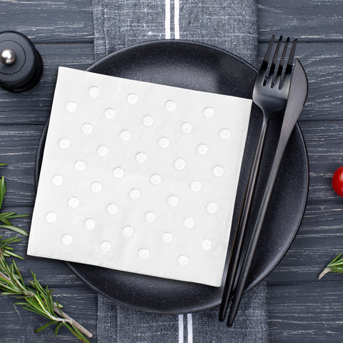 White with Silver Dots Disposable Paper Beverage/Cocktail Napkins