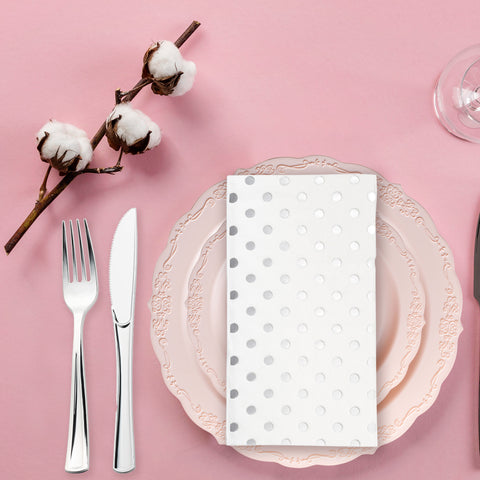 White with Silver Dots Disposable Paper Dinner Napkins