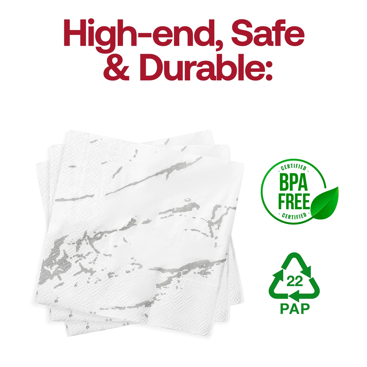 White with Silver Marble Paper Beverage/Cocktail Napkins BPA | The Kaya Collection
