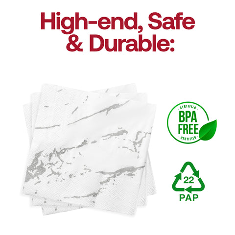 White with Silver Marble Paper Beverage/Cocktail Napkins BPA | The Kaya Collection