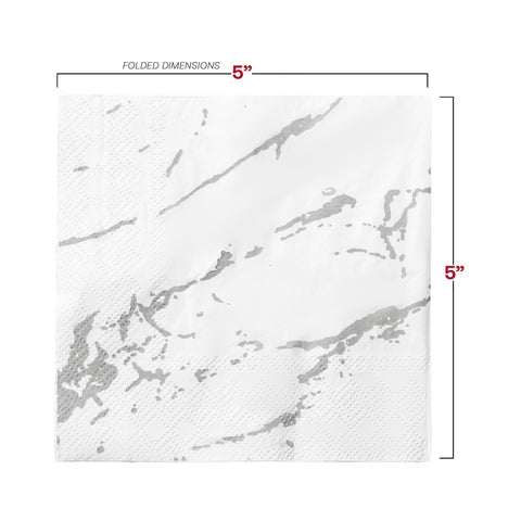 White with Silver Marble Paper Beverage/Cocktail Napkins Dimension | The Kaya Collection