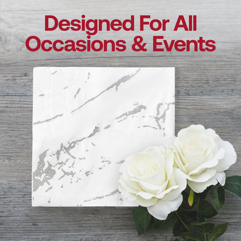 White with Silver Marble Paper Beverage/Cocktail Napkins Lifestyle | The Kaya Collection
