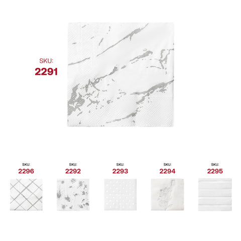 White with Silver Marble Paper Beverage/Cocktail Napkins SKU | The Kaya Collection