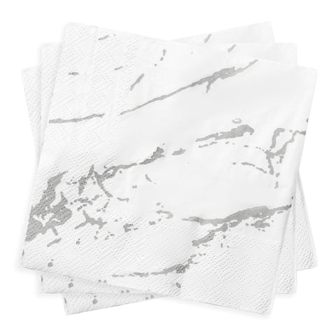 White with Silver Marble Paper Beverage/Cocktail Napkins Secondary | The Kaya Collection