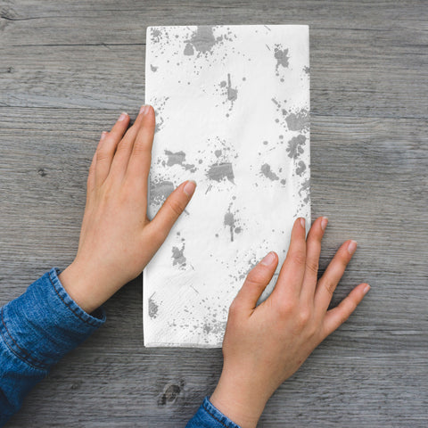White with Silver Paint Splatter Disposable Paper Dinner Napkins