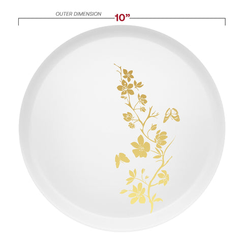 White with Gold Floral Round Plastic Dinner Plates (10
