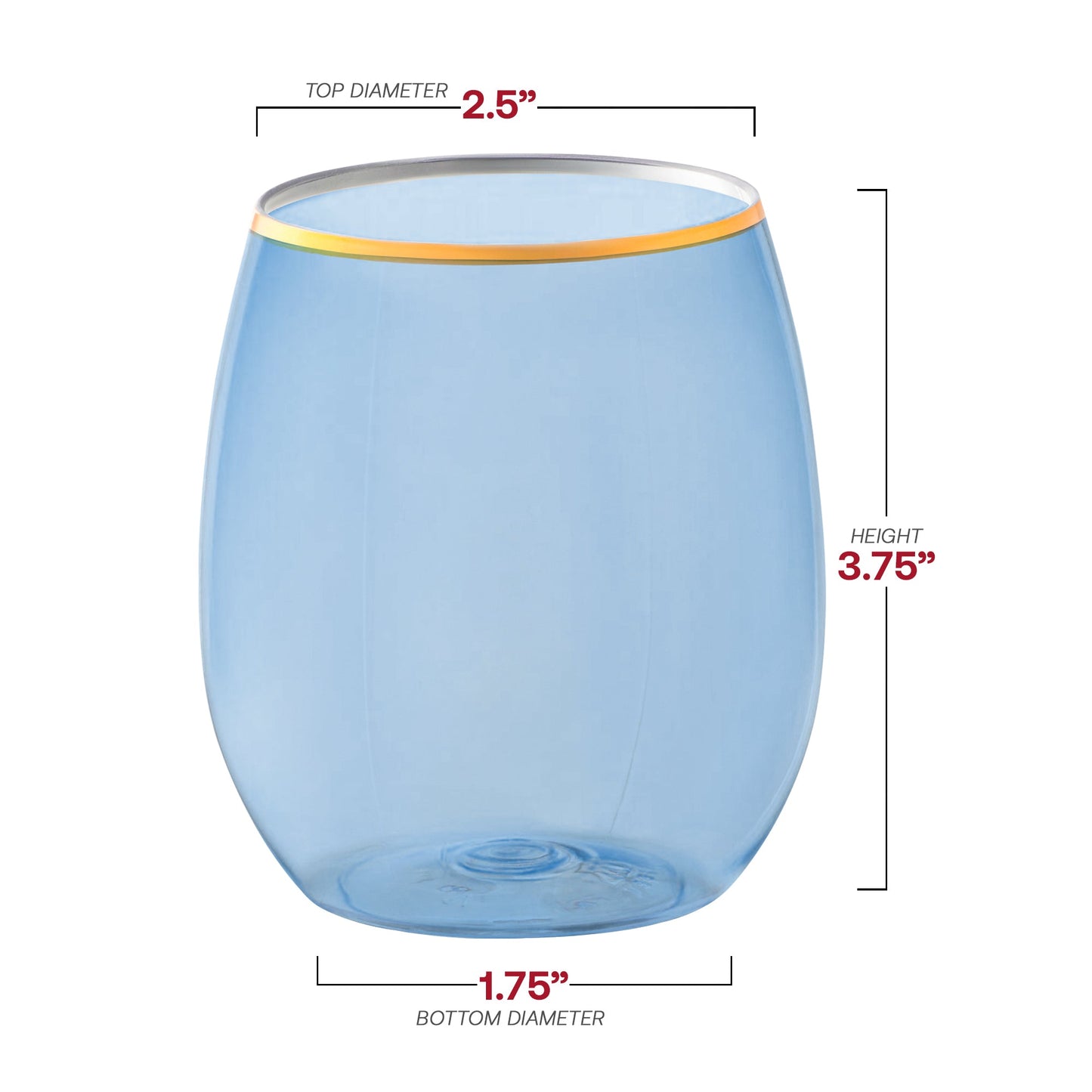 12 oz Clear Blue with Gold Elegant Stemless Plastic Wine Glasses