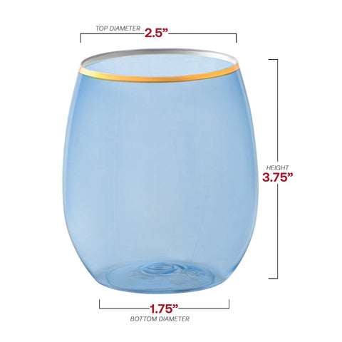 12 oz Clear Blue with Gold Elegant Stemless Plastic Wine Glasses